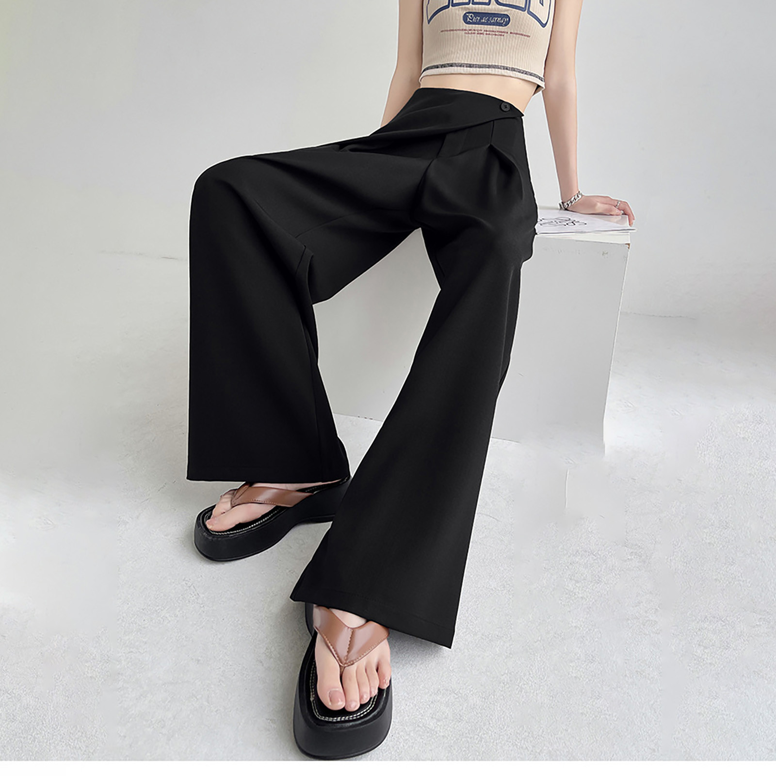 thumbnail image 2 of Pantalones casuales de pierna ancha para mujer - Pantalones de traje rectos de cintura alta - Material de poliéster - Para el trabajo, los negocios, el día a día - Cintura elástica en la parte trasera, 2 of 8
